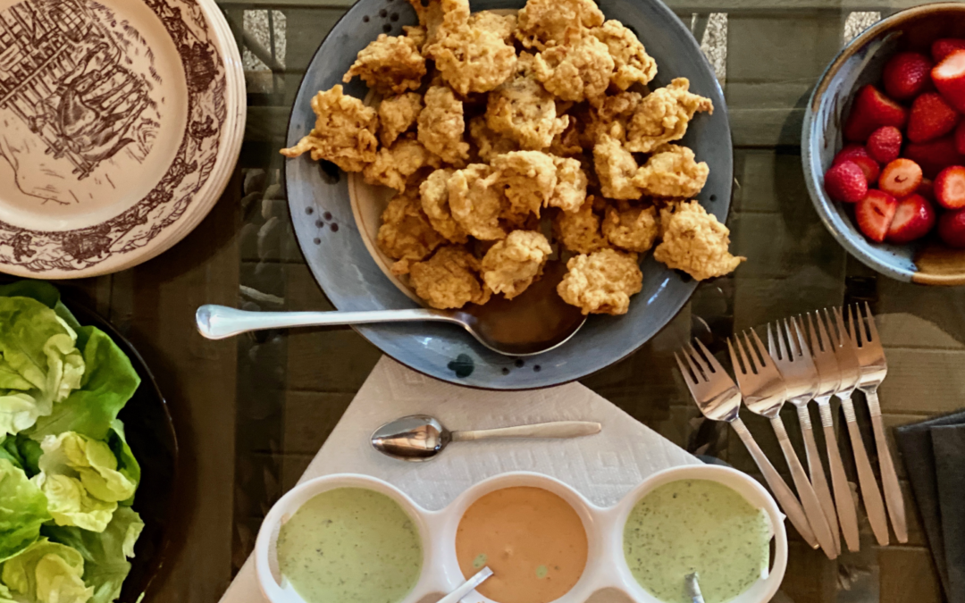 Recipe: Crab Fritters with Green “Sea” Goddess Dressing & Chipotle Mayo