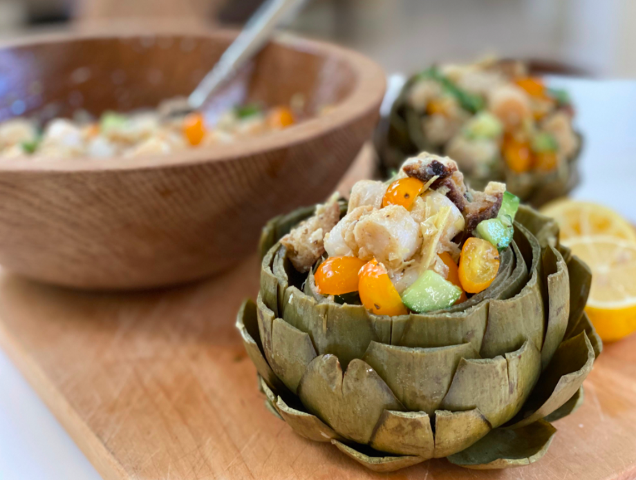 Recipe: Stuffed Artichokes with Plant-Based Sea Scallop Panzanella
