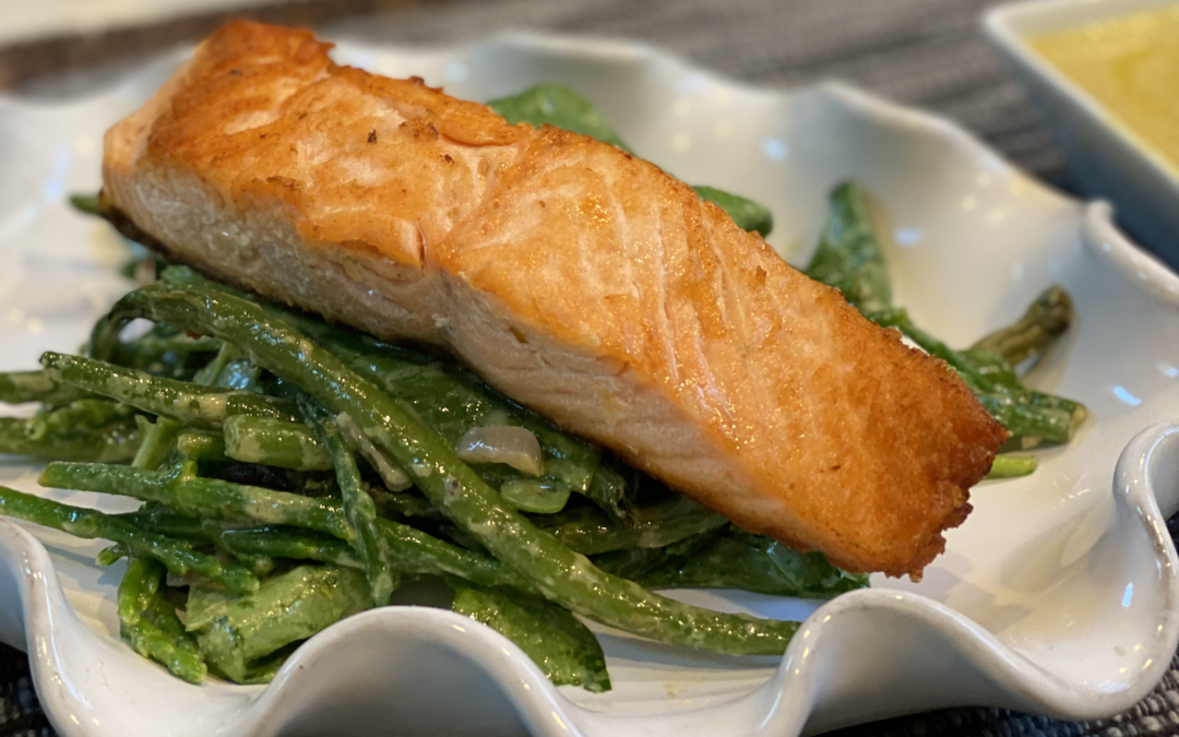 Sea Vegetable Salad with Buttered Shallots, Spinach, and Seared Crispy Salmon